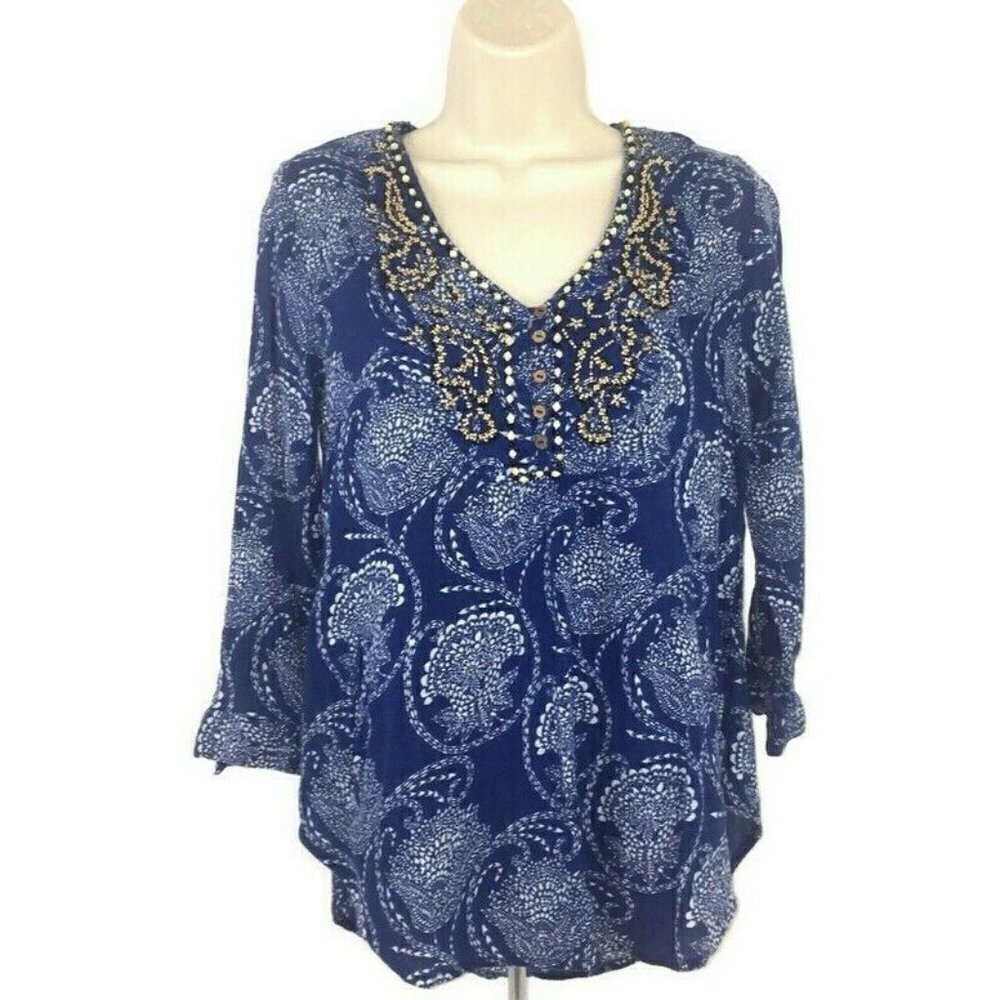Lucky Brand Women's S Small Tunic Top Beaded V-Neck 3/4 Sleeves loose fit